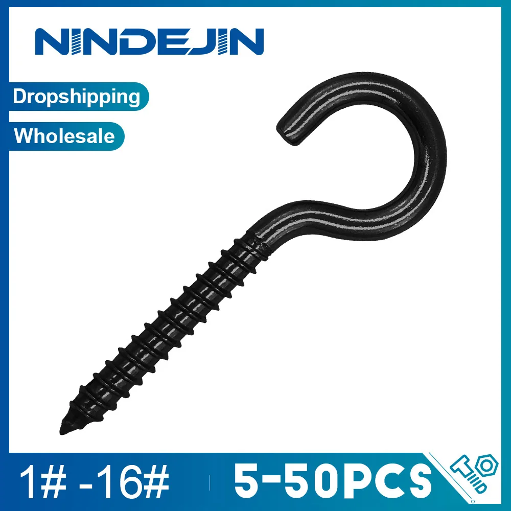 NINDEJIN 5-50pcs Screw Hooks Ceiling Cup Hook Black Zinc Plating Steel 1#-16# Screw Eyes for Hanging Lights Plant Hanger