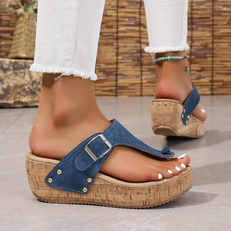 2024 Women Summer New Woman Metal Buckle Design Beach Flip Flops Slip on Outdoor Female Fashion Wedges Sandals Shoes for Women