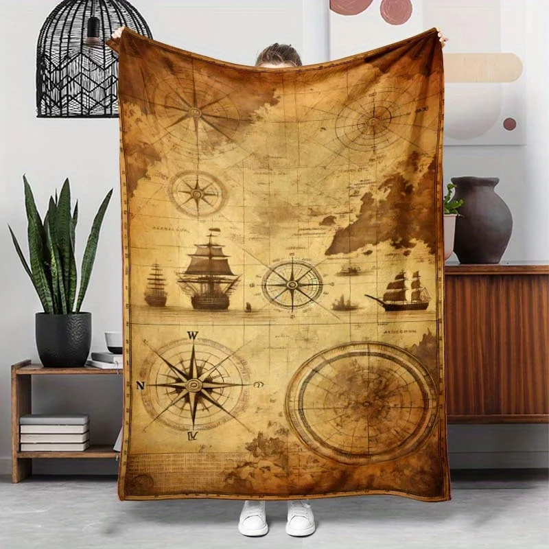 Vintage Nautical World Map Flannel Throw Blanket, Old Pirate Ship Compass Print Soft Warm Blanket for Sofa Bedroom Home Decor