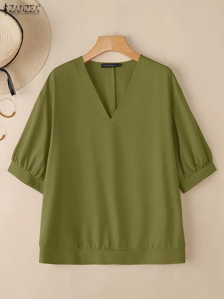 

ZANZEA Womens Summer Solid Color Blouses Casual V-Neck Half Puff Sleeve Simple Tops Commuting Everyday Wear 3 Colors S-3XL