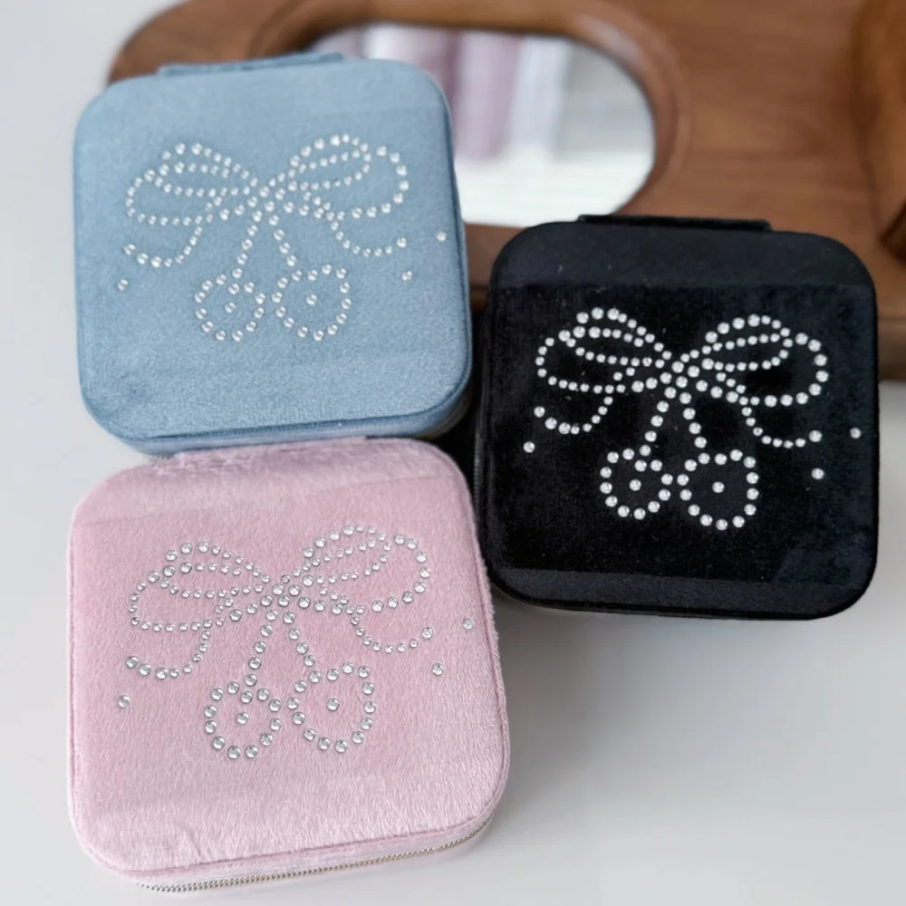 Girly Jewelry Storage: Sweet Bow-Adorned Desktop Travel Jewelry Box with Cherry-Patterned Zipper Compartments