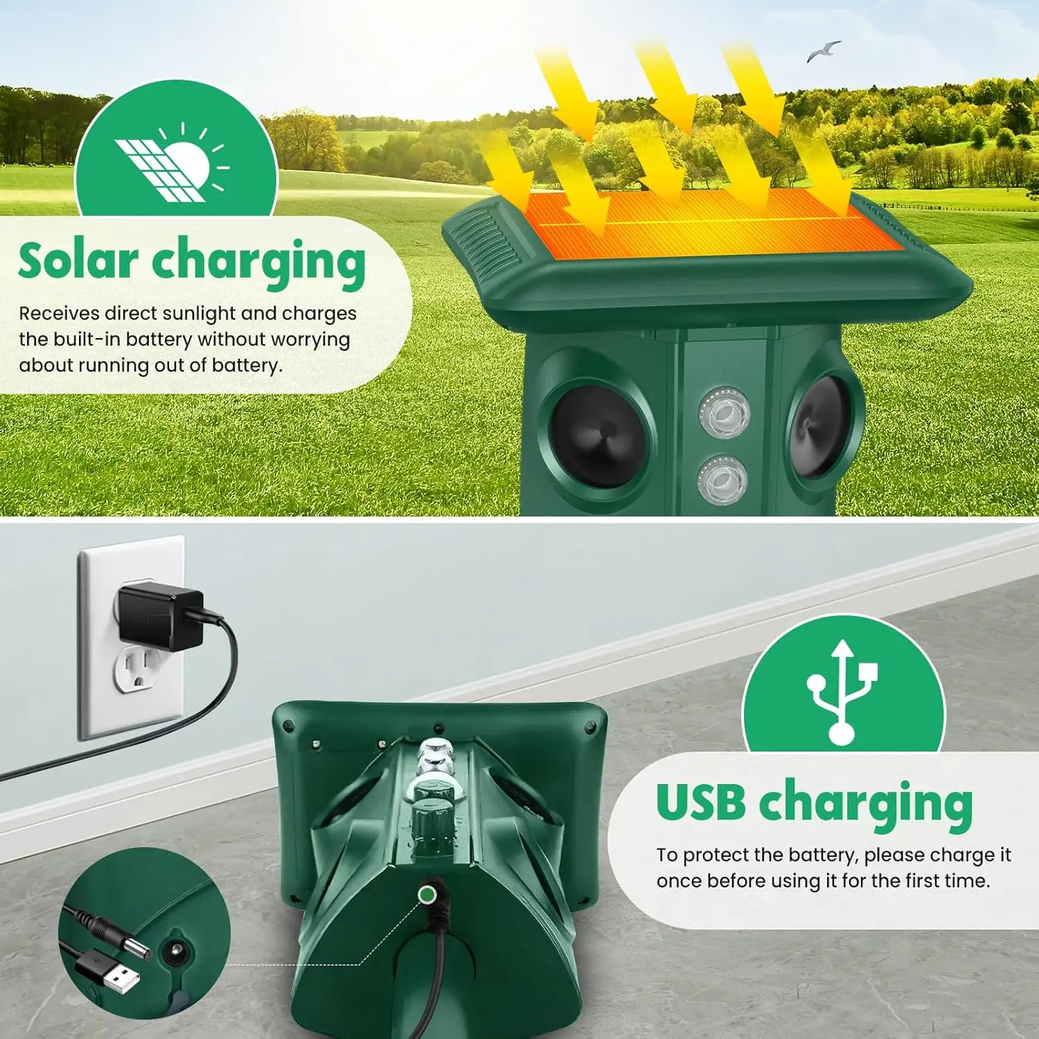 Solarbetriebener Ultraschall-Tierabwehrgerät mit 5 Modi, LED-Stroboskop, PIR-Bewegungssensor, Ratten- und Schlangenabwehr für Garten, Hof und Obstgarten – Detail 4