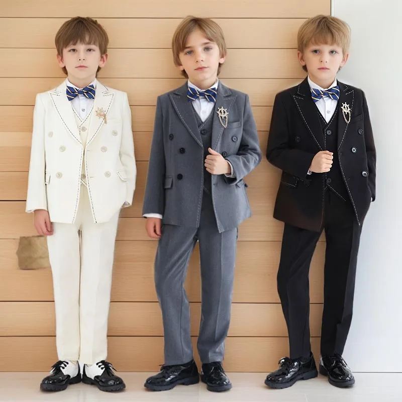 Beige Gentleman Boys Suit for Weddings Autumn Teen Children School Host Piano Performance Costume 2 To 14 Y Kids Birthday Tuxedo