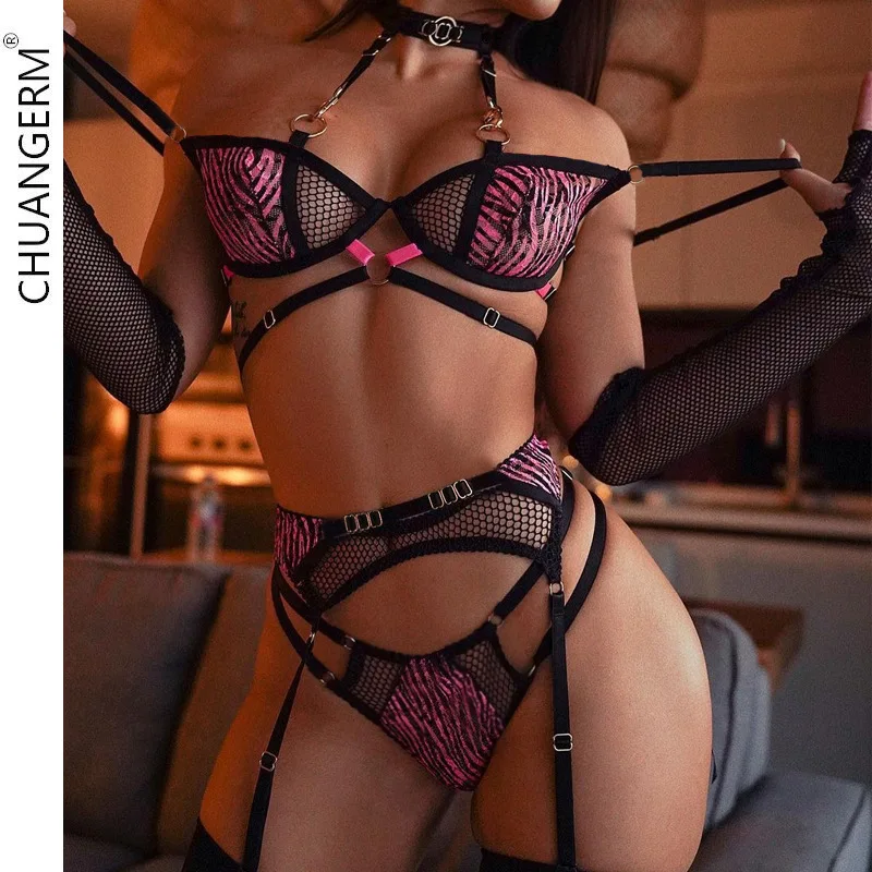 

CHUANGERM Sexy Lingerie Women Push Up Halter Bra Leopard Luxury Transparent Lace Garter Underwear Mesh See Through Onlyfans Kit