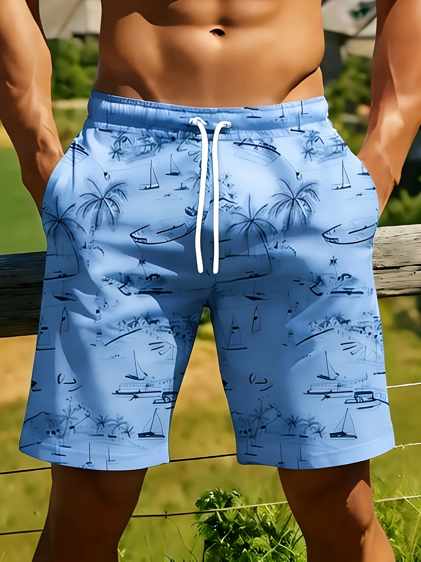 Men's Quick Dry Swim Shorts, Light Blue Nautical Sailboat & Palm Tree Print Drawstring Beach Board Shorts with Pockets