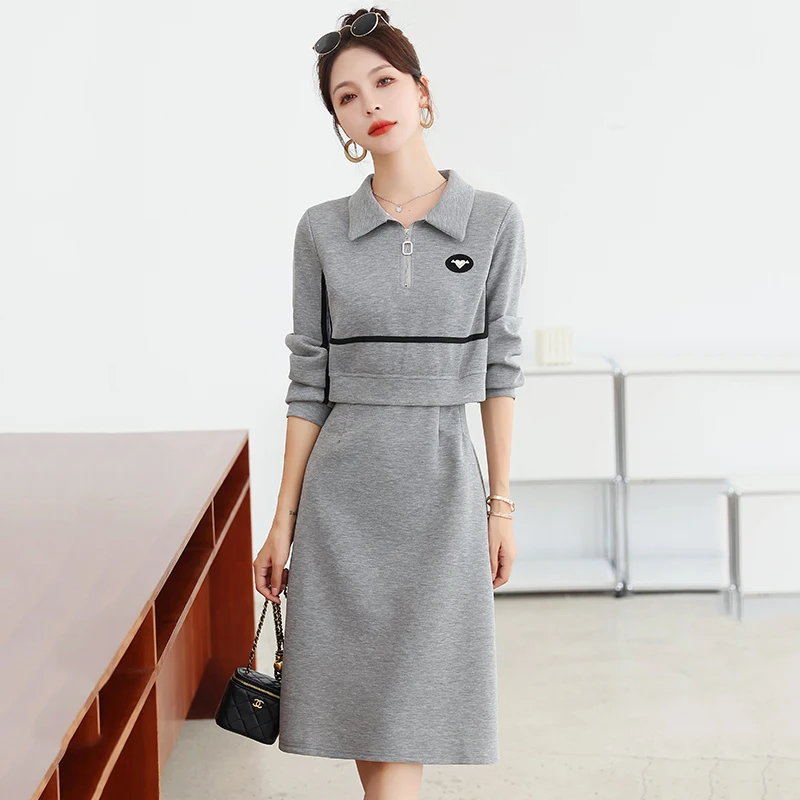 

Long Polo Collar Dress for Women Fake Two Pieces Dress Casual Wear Black and Gray Fashion New Spring Autumn 2023