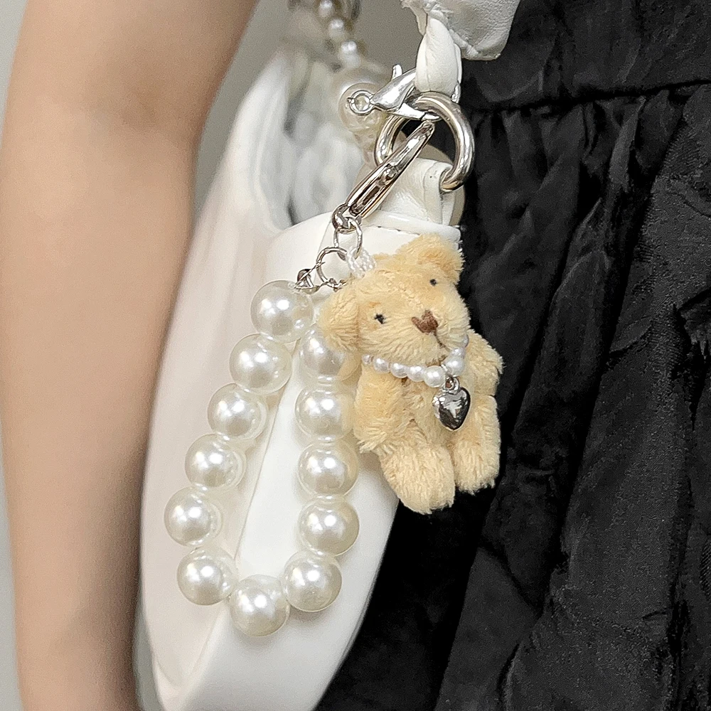 Fashion Pearl Keychain Charming Conjoined Teddy Bear Phone Chain Keychain Car Keys Women Handbag Phone Accessories Heart Keyring image 4