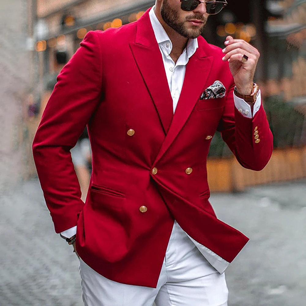 

Men's Red Double Breasted Blazer Slim Stylish Gold Button Lapel Jacket Coat For Wedding Party Business Casual Daily Wear Suit