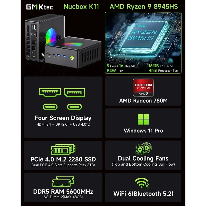 كمبيوتر صغير للألعاب GMKtec Nucbox K11 AMD Ry-zen 9 8945HS OCuLink 2x DDR5 2x PCIe RGB كمبيوتر محمول لسطح المكتب Windows11 WiFi6