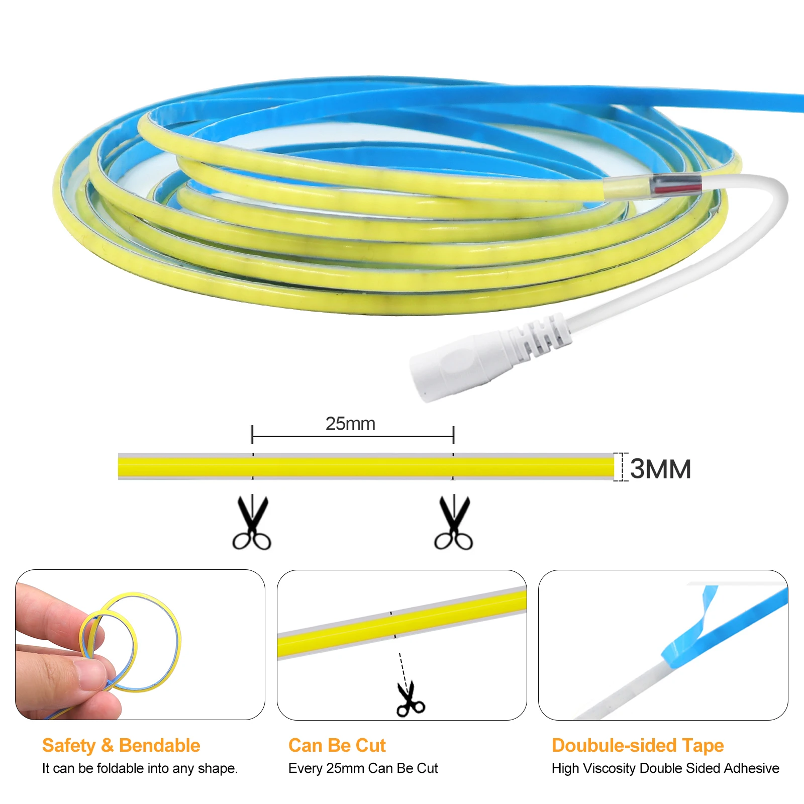 COB LED Strip Light 320LEDs/m High Density Flexible Tape Ribbon 3000-6500K LED Strip Light DC 12V Powered for USB/2Pin Wire/DC