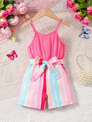 Children Girl Jumpsuit Fashion Suspenders Rainbow Color with Bow Belt Bodysuit Summer Holiday Daily Wear for Kids Girl 4-7 Years