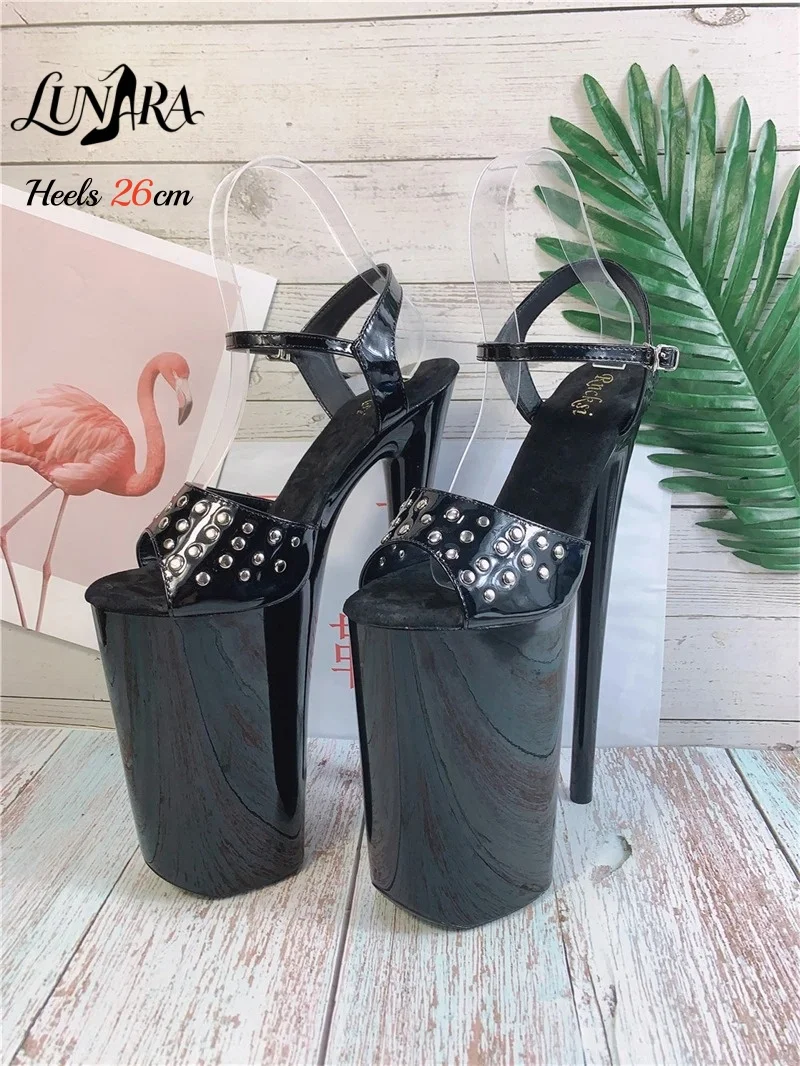 26cm/10Inch Black Patent Stiletto High Heel Platform Sandals Extreme Open Toe Buckle Non-slip Sexy Stage Pole Dance Rave Party