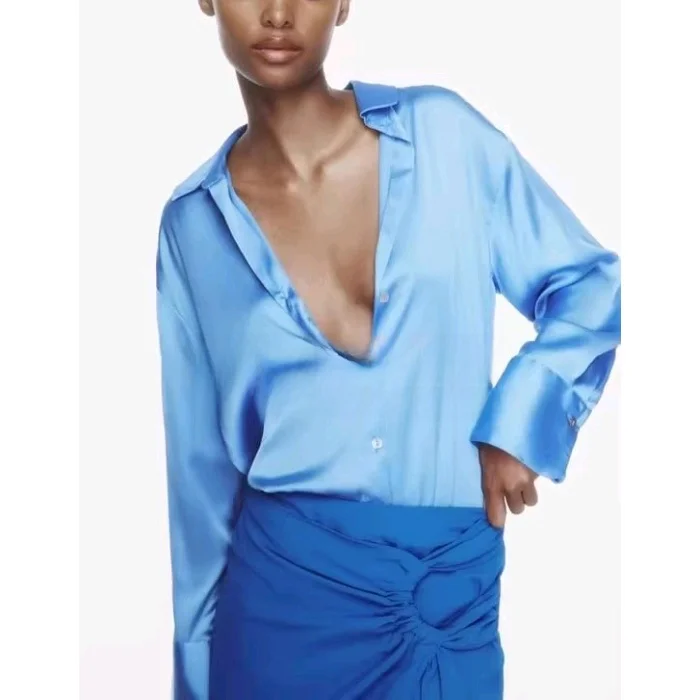 Classic Silk Satin Feel irt New Spring Collection Long Sve Polyester Fabric Women's Premium Faion Regular Length