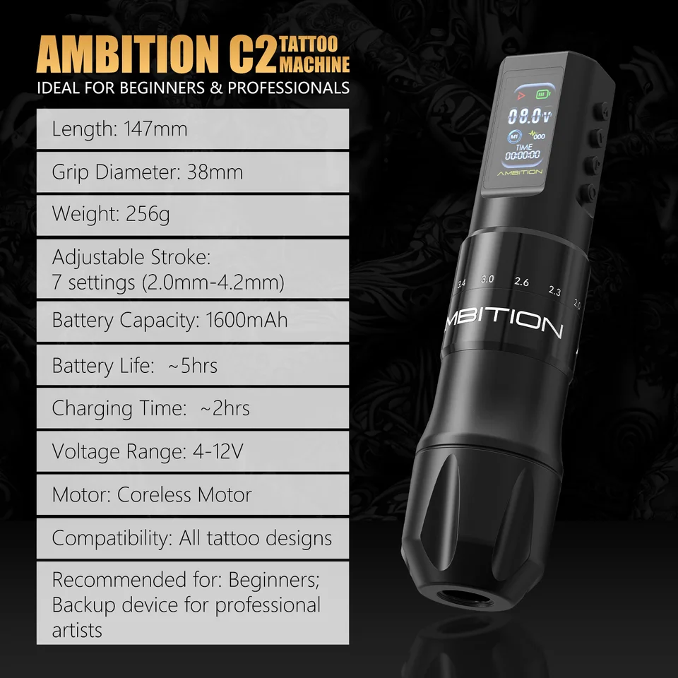 Ambition C2 調整可能 7ストローク ワイヤレスタトゥーマシン ペン
