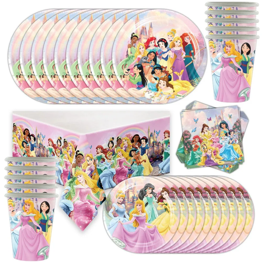 Disney Princess Birthday Decorations Backdrop Balloons Tablecloth Paper Plates Disposable Tableware Set Kids Girl Party Supplies