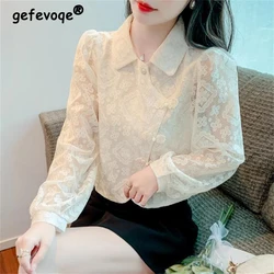 Women Fashion Vintage Hollow Lace Sweet Kawaii Fairy Shirts Elegant Chic Long Sleeve Blouses Casual Solid Loose Tops Blusa Mujer