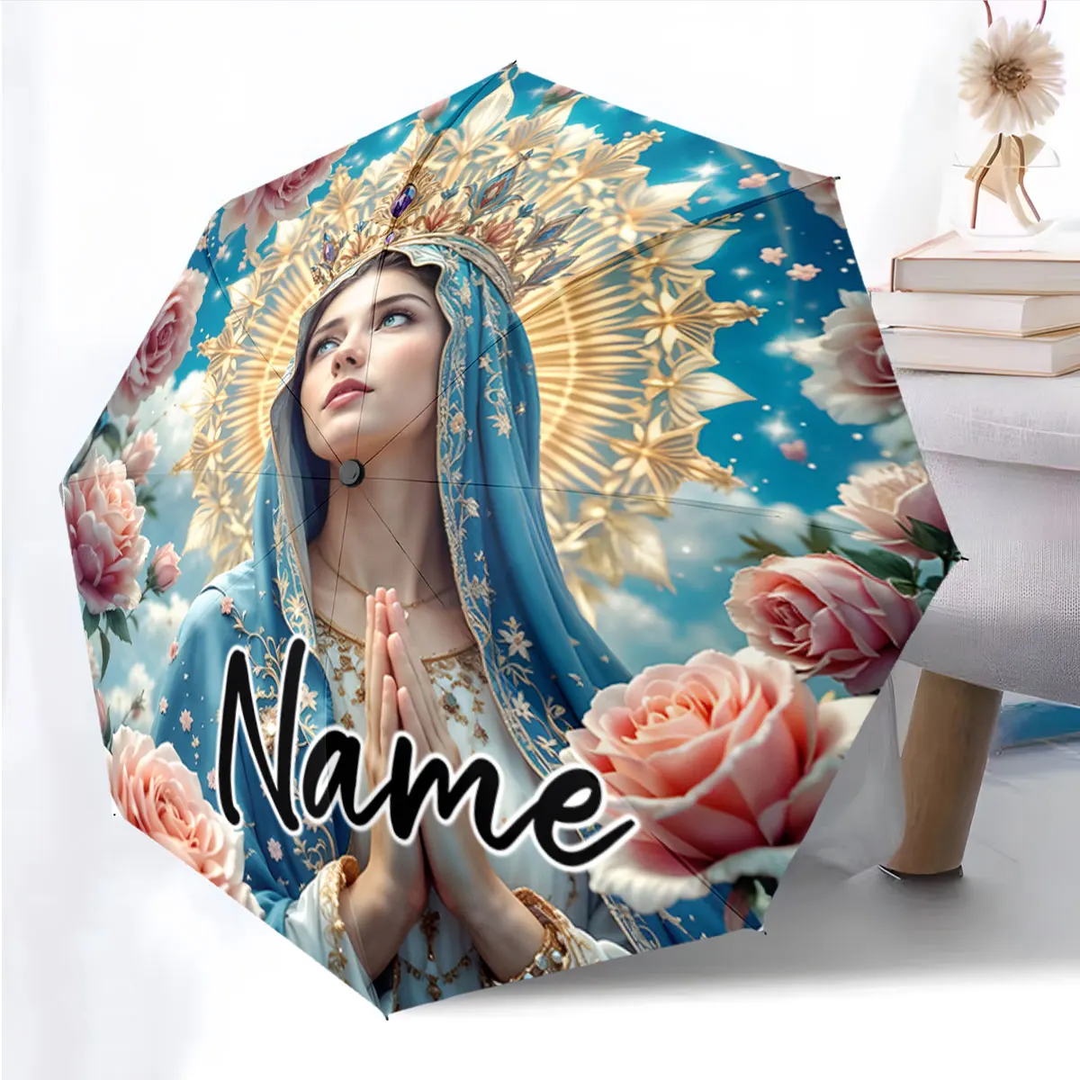 Custom Name Elegant Umbrella with Religious and Floral Design Print 8 Iron Ribs Folding Umbrella Auto-Open Fashion Sunshade