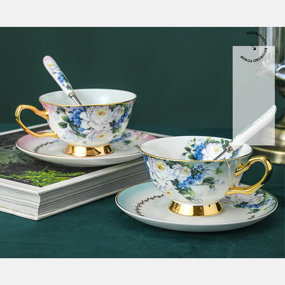 European Retro Gilded Bone china Coffee Cup and Saucer Violet Print Household Afternoon Tea Set for Wedding Birthday Gift