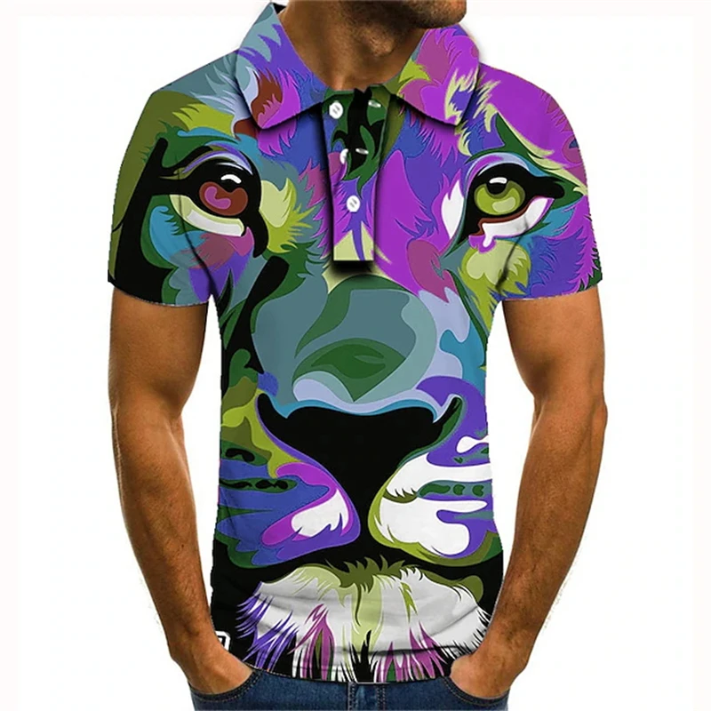 

Harajuku Lion Graphic Polo Shirt For Men New Summer Casual Short Sleeve Button Golf Shirt Colorful Oversized Y2k Men Clothing