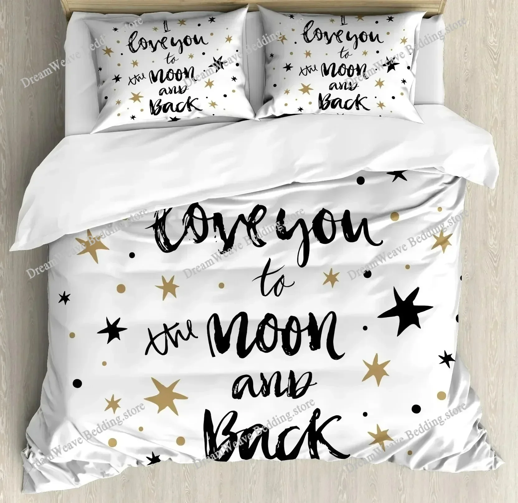

3D Print I Love You Duvet Cover Hand Drawn Moon and Back Words with Stars Celebration King Size Polyester Bedding Set963