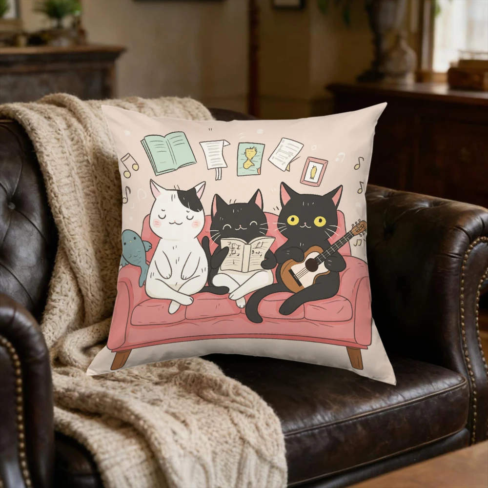 1pc Cartoon Cats On Sofa Cushion Cover Pink Reading Guitar Music Notes Pillowcase For Living Room Bedroom Decor Soft Breathable