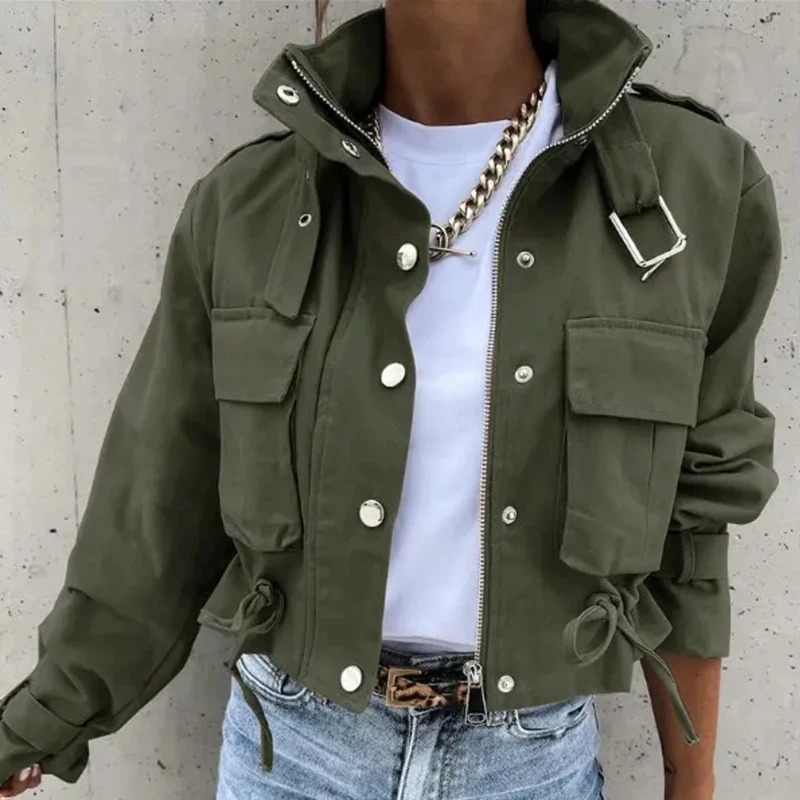 Fashion Contrast Color Short Jackets Top Women Long Sleeve Loose Coats Outwear Autumn Winter Lady Lapel Button Zip Cardigan 2022