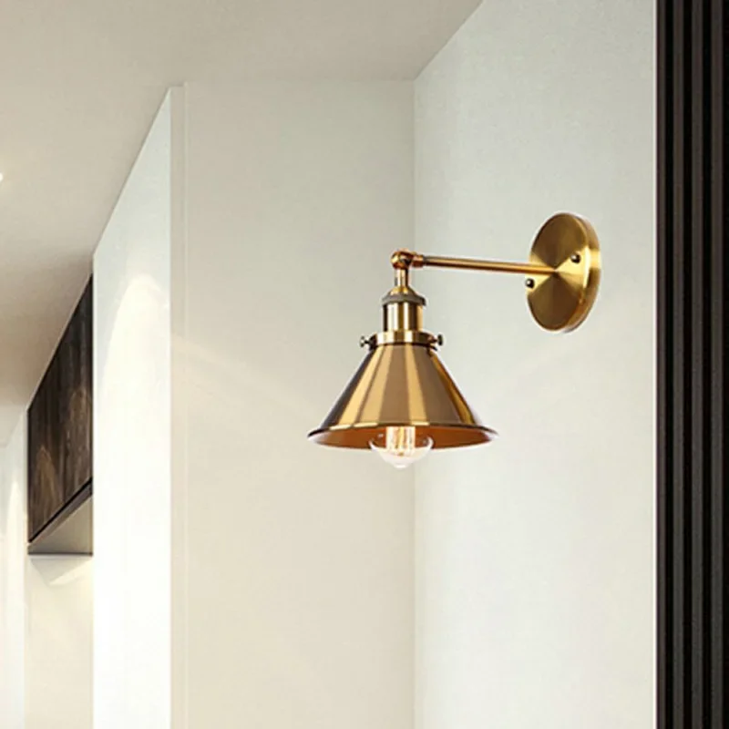 American Retro Industrial Style Golden LED Wall Lamp Wrought Iron Bedside Lamp Corridor Staircase Pot Cover Corridor Wall Lamp