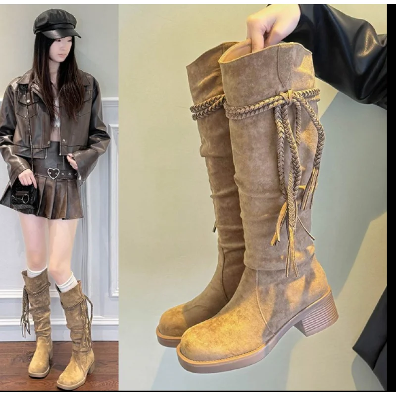 2025 Botas largas con flecos de punto para mujer, botas de caballero estilo Wasteland vintage, botines apilables de longitud media con tacón grueso