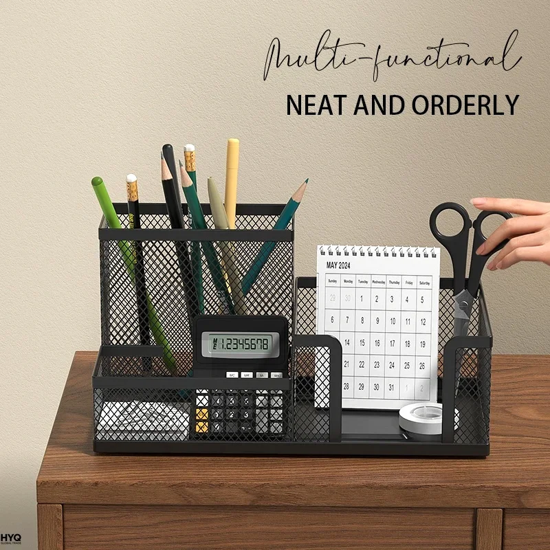 

Mesh Desk Organizer Office Supplies Caddy with Pencil Holder and Storage Baskets for Desktop Accessories, 3 Compartments, Black