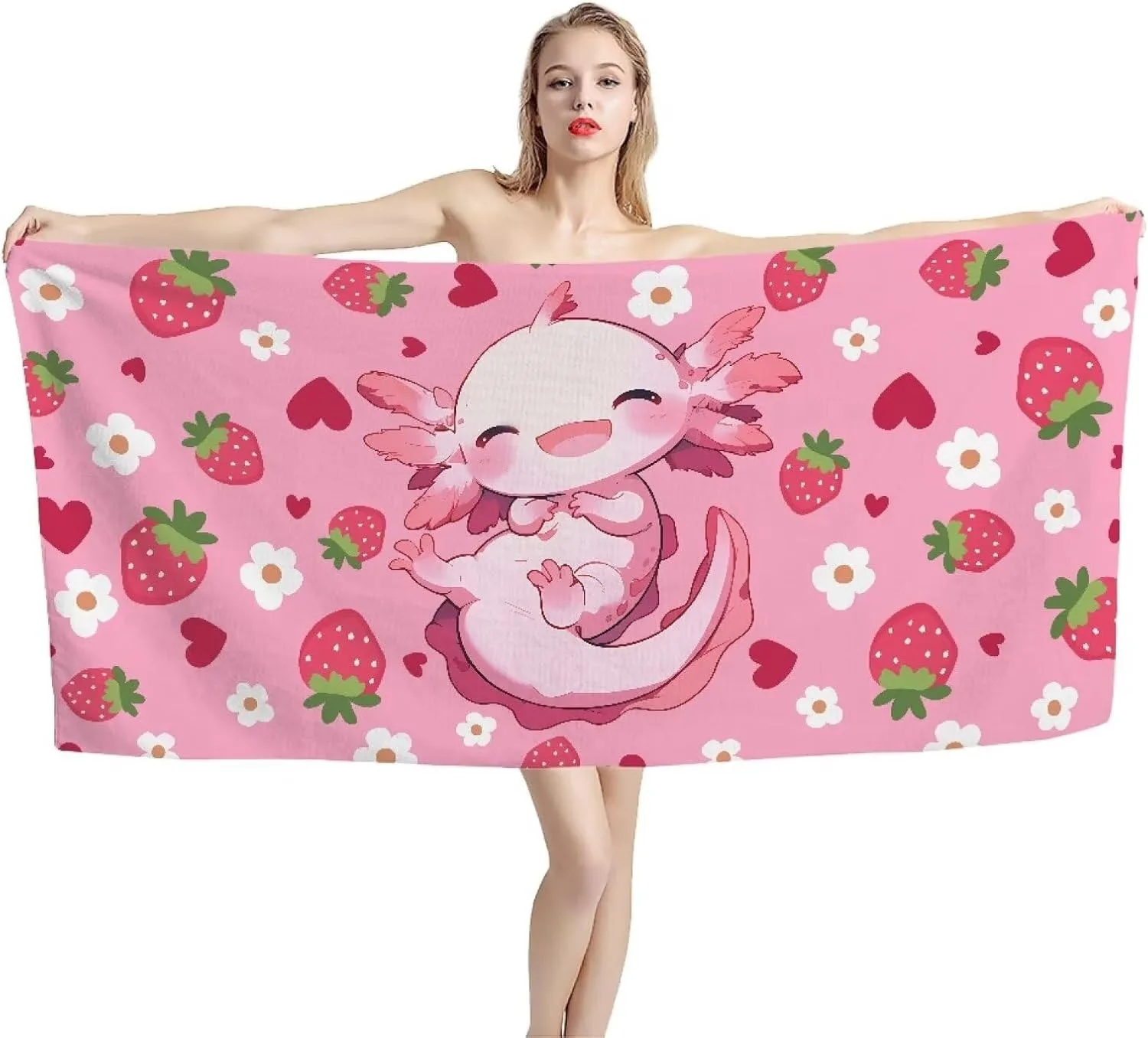 

Cute Axolotl Strawberry Beach Towel for Family stuff friend Gifts Quick-Dry For Bath Yoga Tourism Beach GYM Camping Swimming