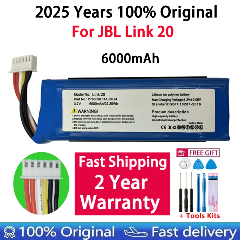 2025 Years 100% Original Replacement Battery 6000mAh For JBL Link 20 Link20 P763098 01A Genuine Loudspeaker Speaker Bateria