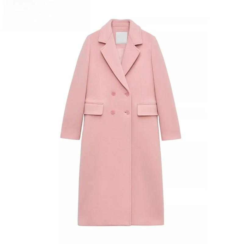 

Spring 2025 Women's Long Sve Notch Collar Slim Fit Wool Blend Double Breasted Coat Sli Commute Straight Tube Sle