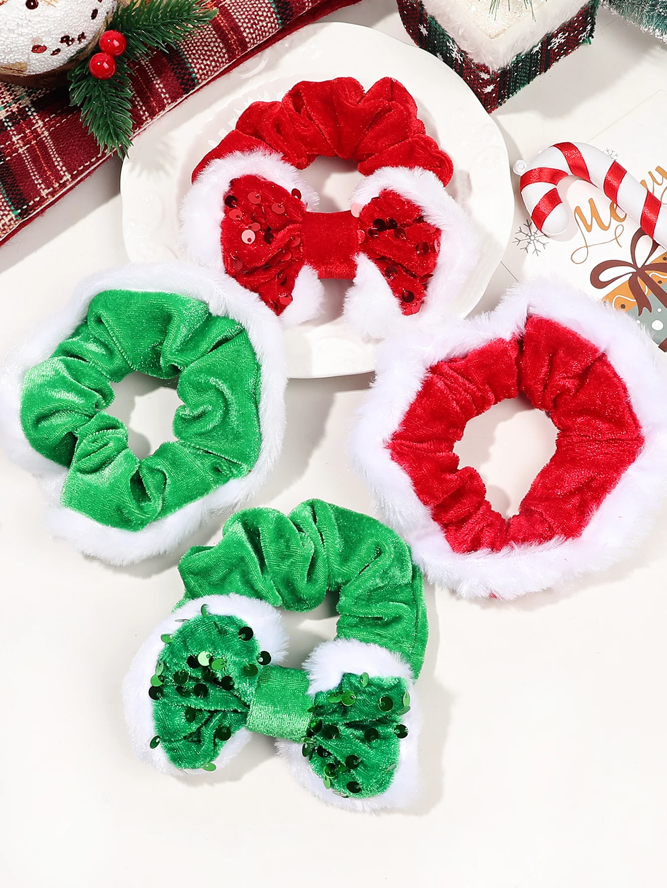 1 Pcs Christmas Bow Hair Scrunchies,Elastic Velvet Hair Bands Fuzzy Hair Ties Ropes for Women,Sequin Christmas Hair Accessories