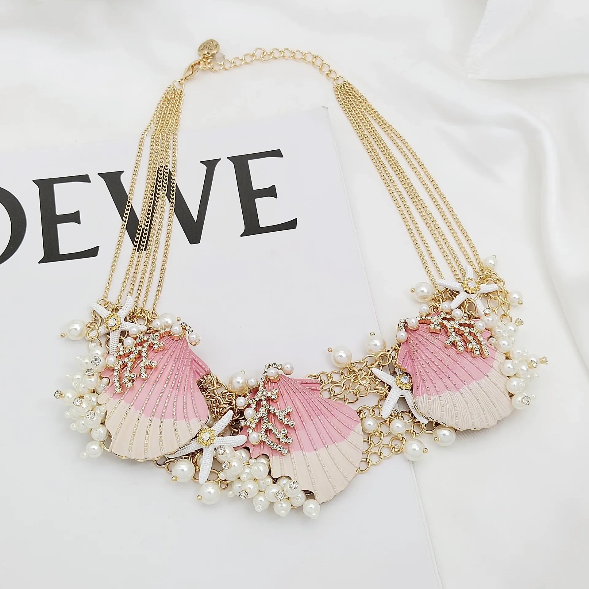 European and American Retro Trend Fashion, Sweet and Versatile Pink Series Shell Pearl Exquisite Inlaid Rhinestone Necklace