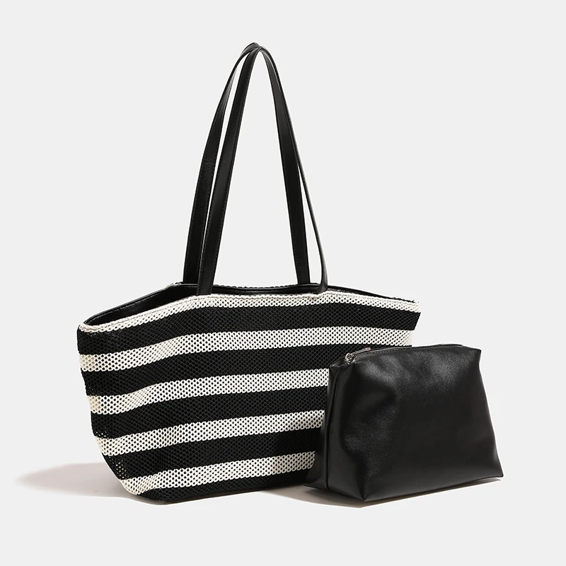 High-end Black And White Striped Tote Bag Exquisite And Versatile Woven Bag Large Capacity Lightweight Shopping Bag Travel Bag