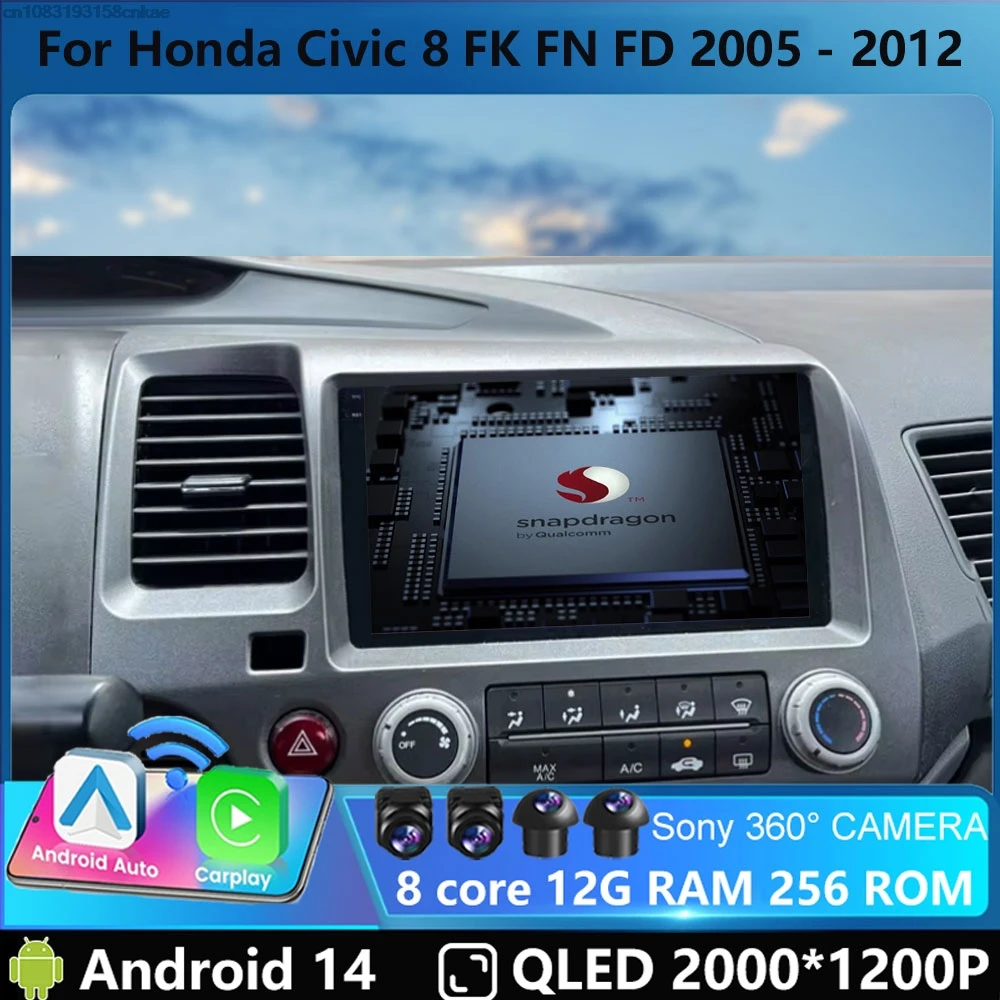 

Car Radio Andoird 14 For Honda Civic 8 FK FN FD 2005 - 2012 2DIN Multimedia Navigation Head Unit 4G LTE DSP GPS DVD Viedo Player