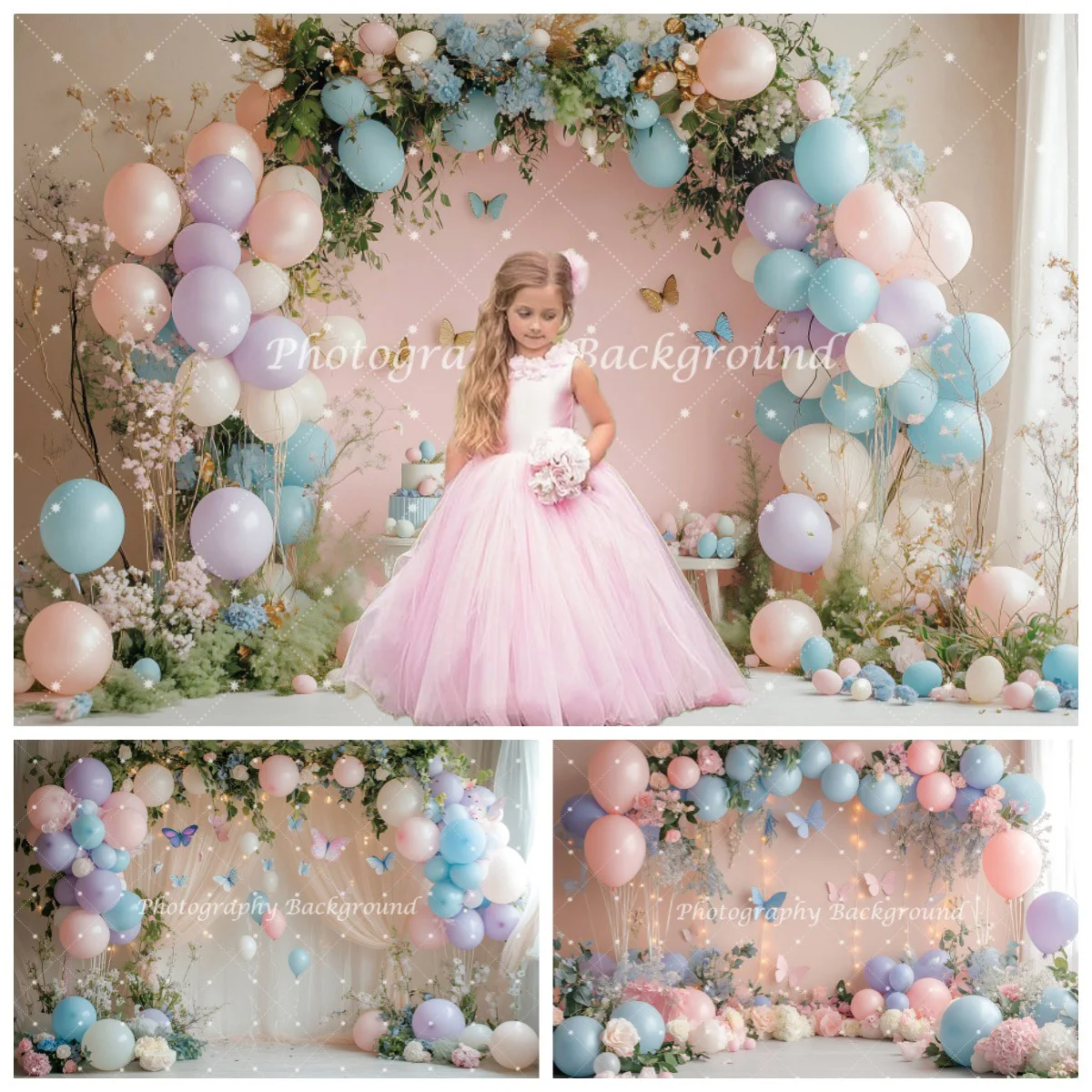 

Pink Balloon Arch Backdrop Romantic Curtains Butterfly Indoor Photography Background for Girls Birthday Party Wedding Decoration