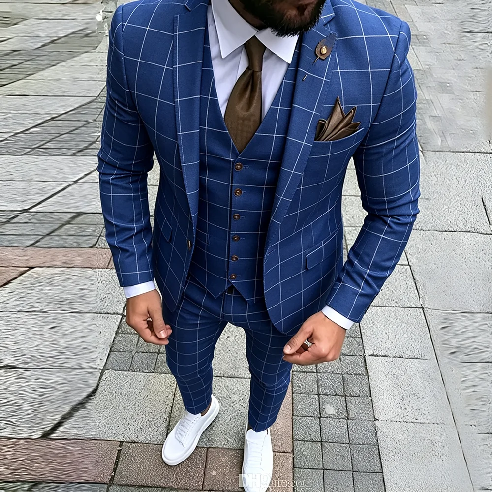Men's Plaid 3-Piece Suit (Jacket, Trousers, Vest) – Formal Business Attire or Groom's Wedding Suit (Customizable)