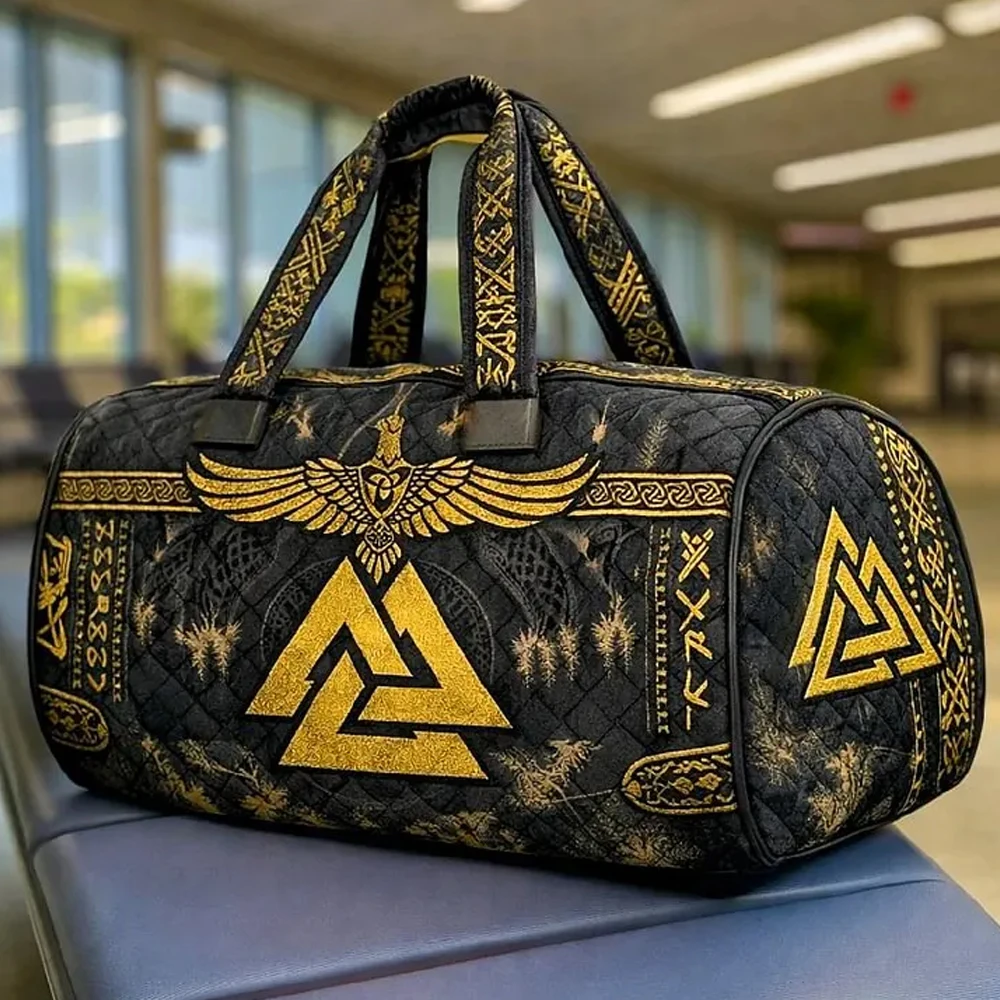 

Сумка-даффл из стеганой ткани в стиле скандинавской мифологии с принтом золотого Валькнута, вороны и рун, дорожная сумка-тоут для женщин и мужчин, сумка для выходных
