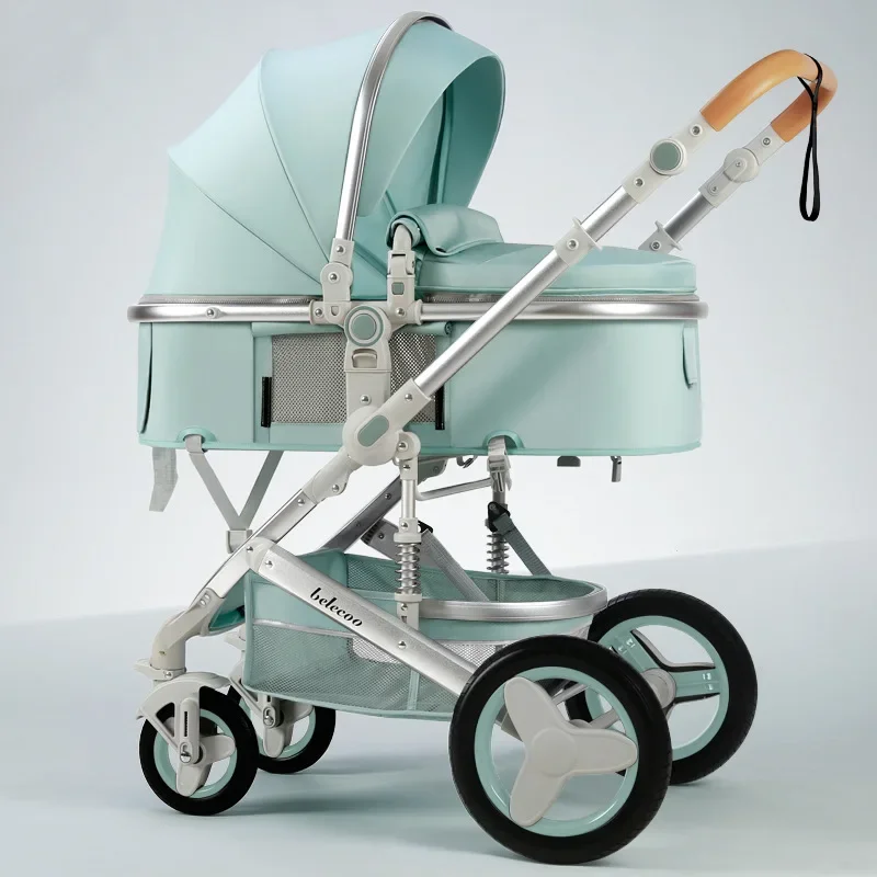 Alta Paisagem Folding Stroller para recém-nascido, leve, 2-Way assento giratório, quatro rodas de absorção de choque, carrinho de bebê