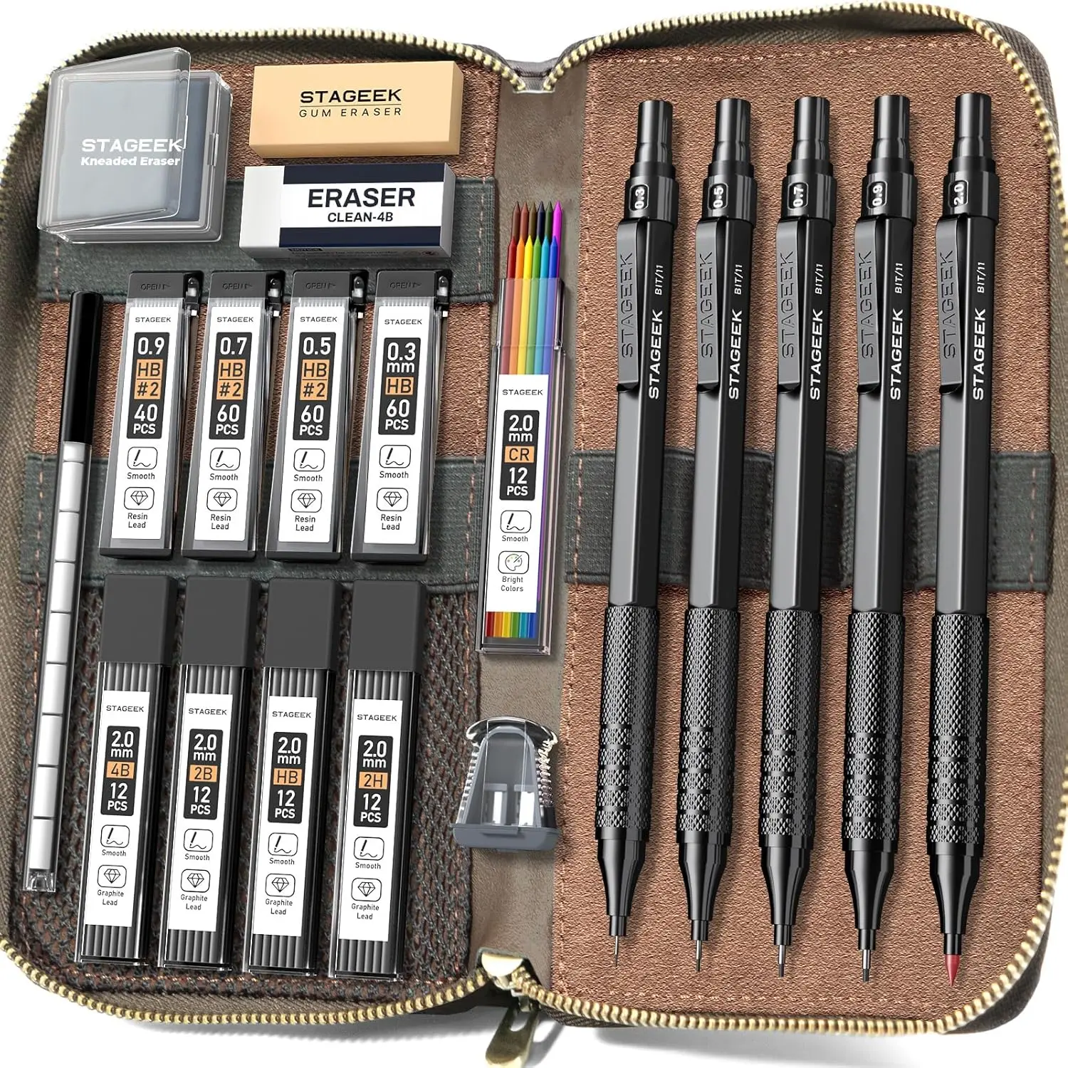 

Professional Metal Mechanical Pencil Set with 5 Sizes & Leather Case, Includes Leads and Erasers for Drawing and Writing