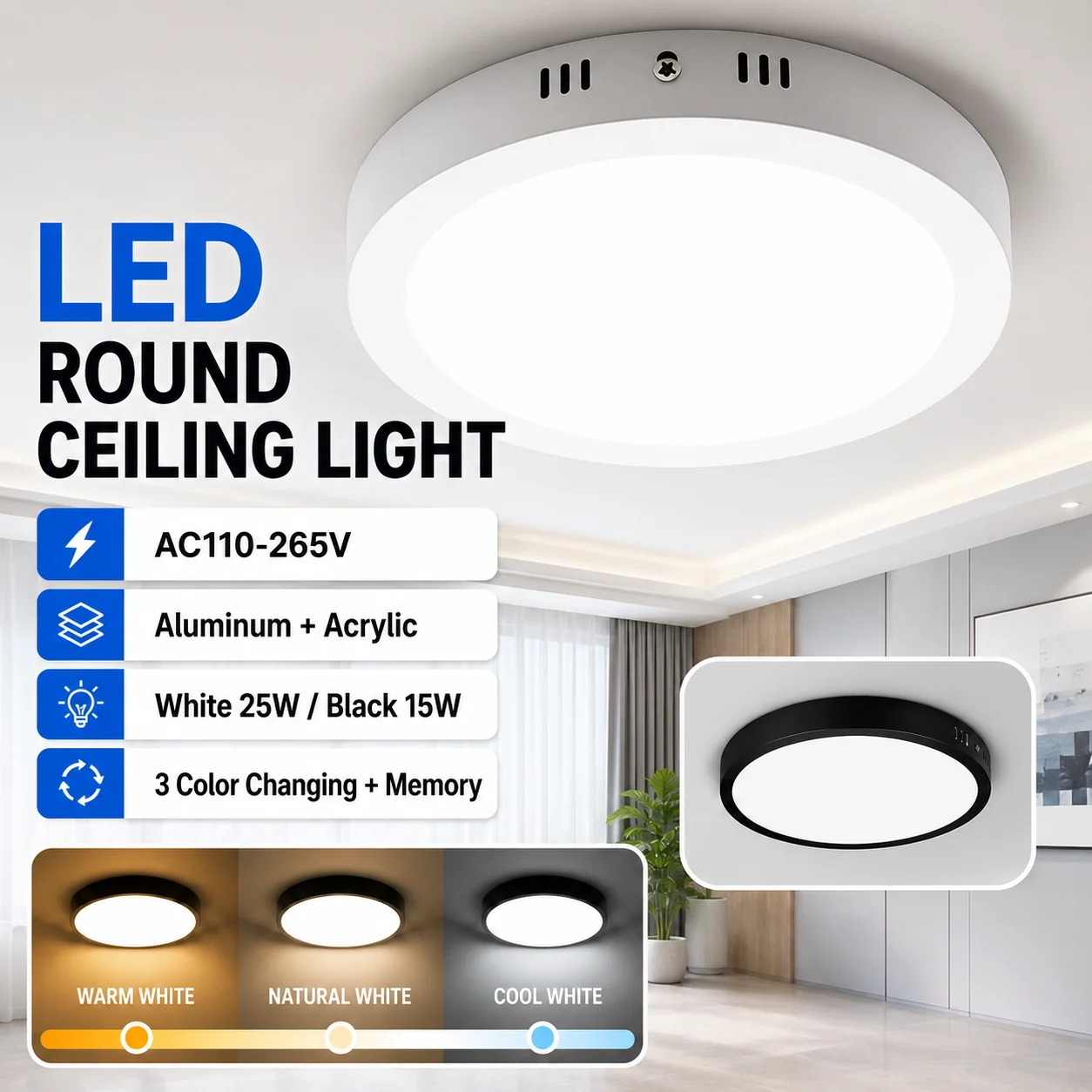 Aluminum Led Ceiling Lamp Memory Function 3Colors Indoor Panel Lighting for Living Room Kitchen Bedroom Ceiling Lights 110-265V