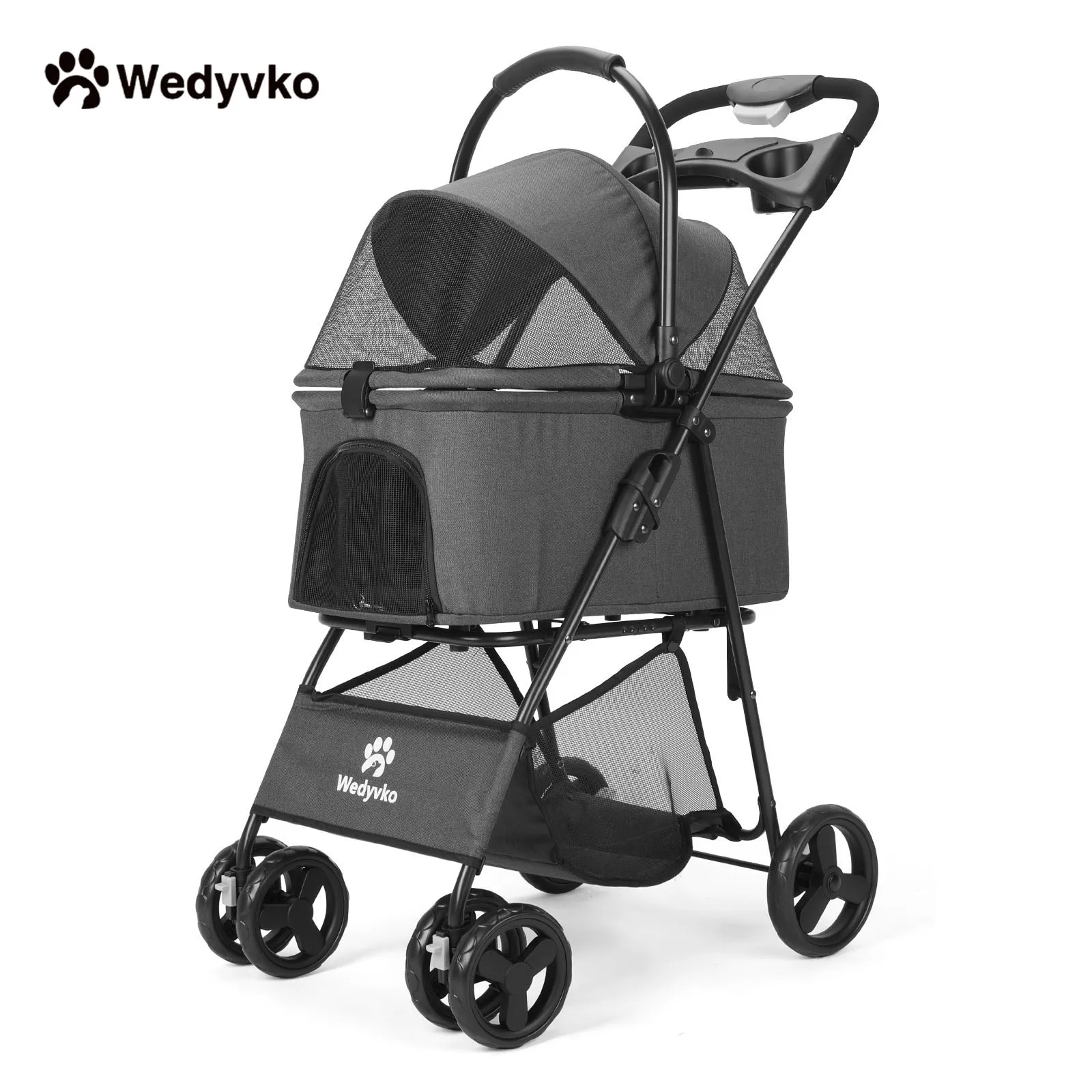 

Wedyvko Luxury Detachable Pet Stroller Light Cup Holder Design Four-wheeled Universal Wheel Dog Cart Outdoor Travel Carrying Bag