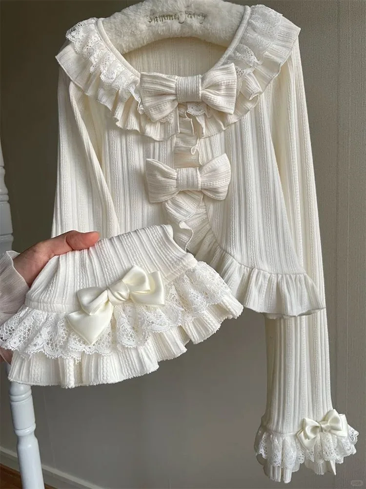 Lolita – Cardigan tricoté à manches longues pour fille, haut doux, col Peter Pan, nœud en dentelle, volants, haut rajeunissant, nouvelle collection automne et hiver