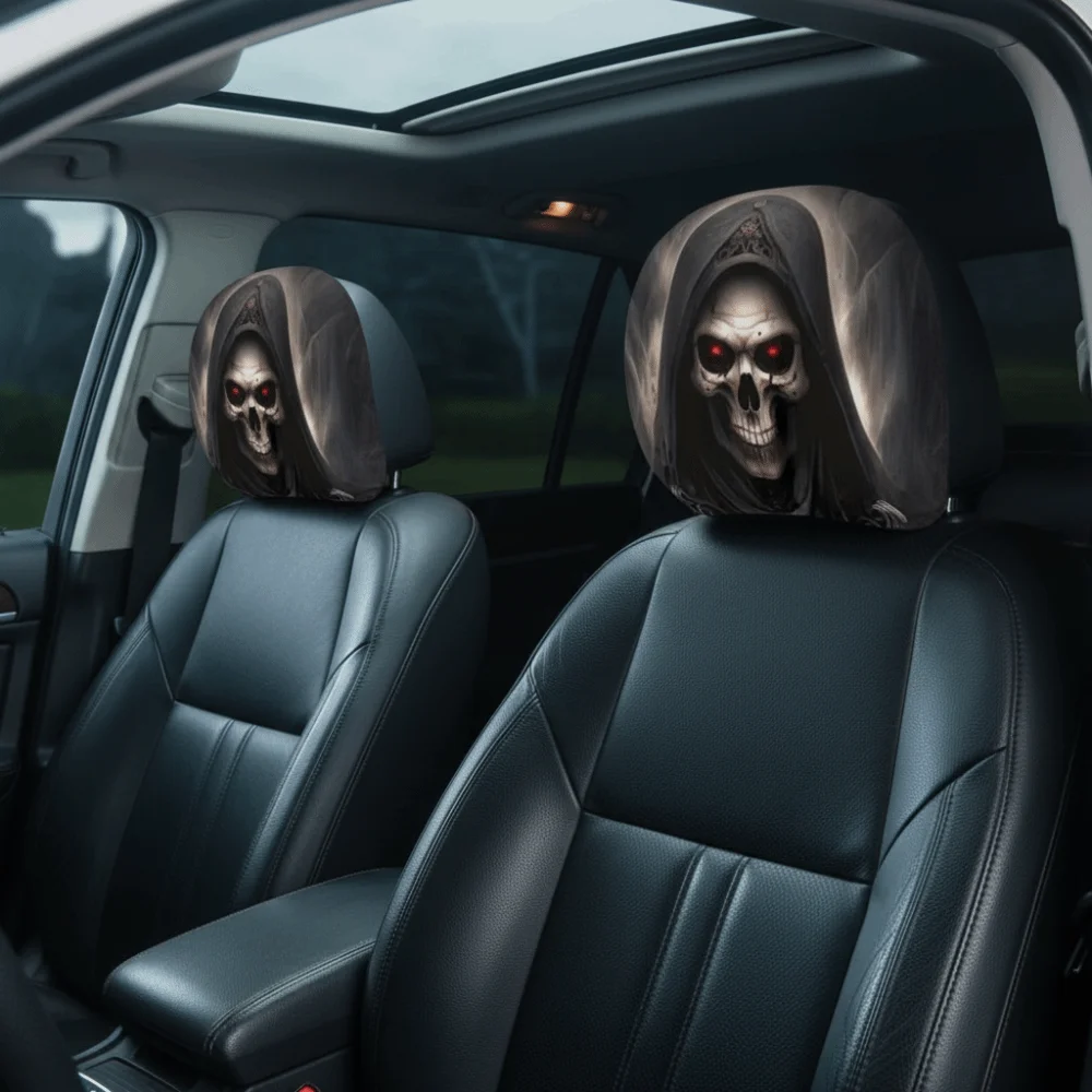 1pair Universal Fit Skull Headrest Cover Elastic Fabric Vivid Flat Print Gothic Seat Protector Dust Proof Double Sided
