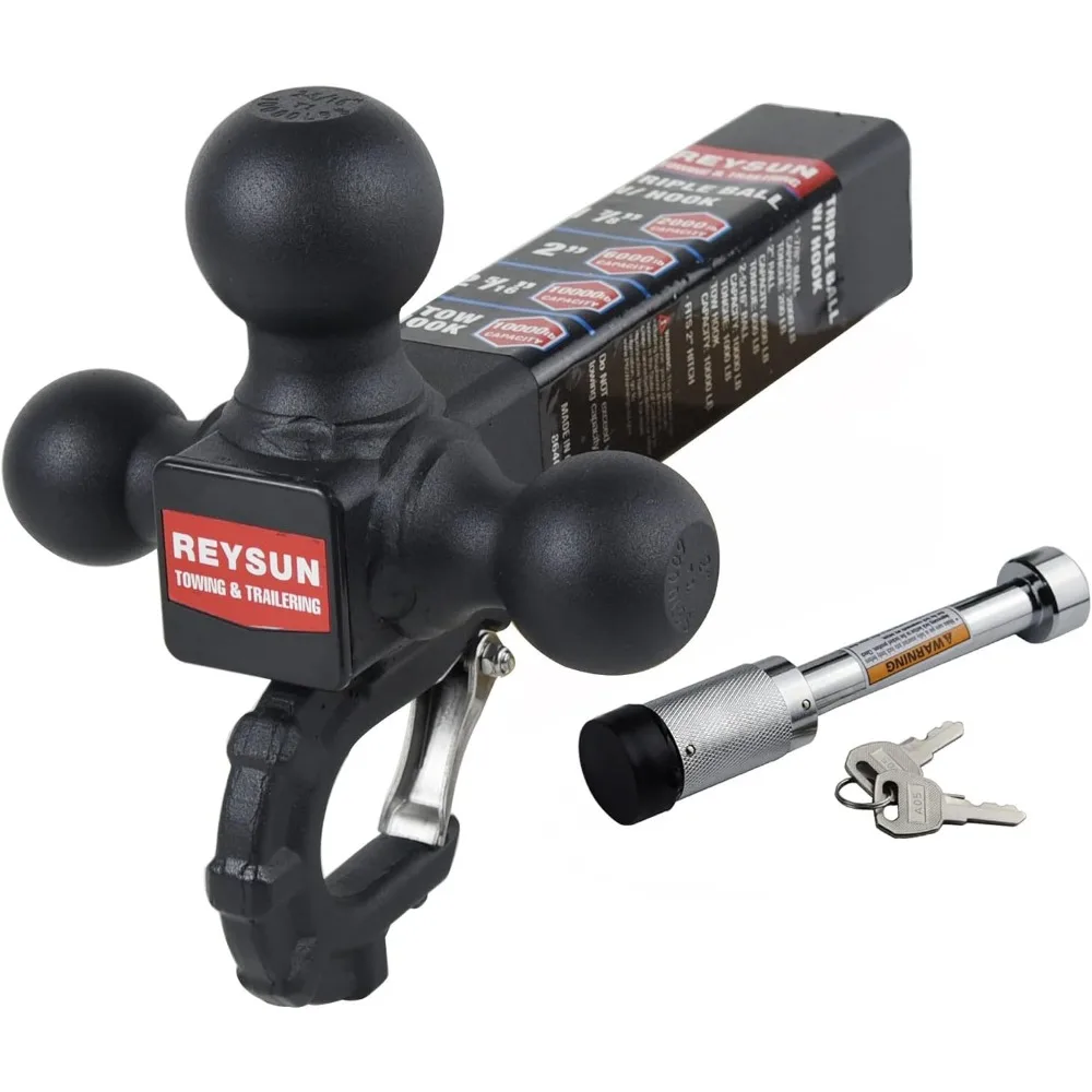 Enganche de remolque de tres bolas con gancho, compatible con receptor de 2 pulgadas, pestillo autoblocante, acabado en negro mate, incluye cerradura de 5/8 de pulgada