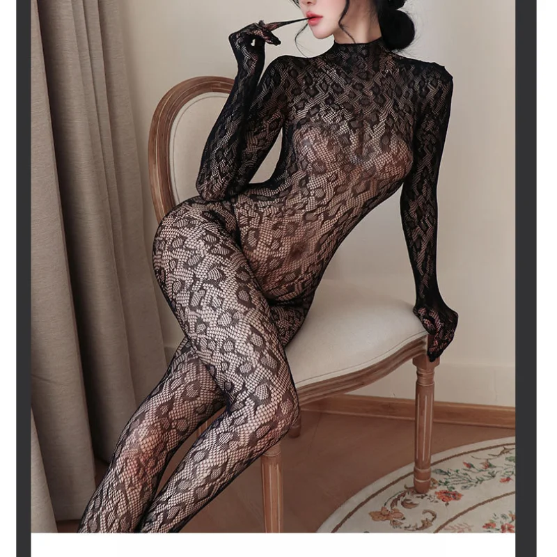 Women Sexy Bodystockings Leopard Print Backless Tights Stockings Hollowed Mesh Pantyhoses Exotic Lingerie Transparent Jumpsuit