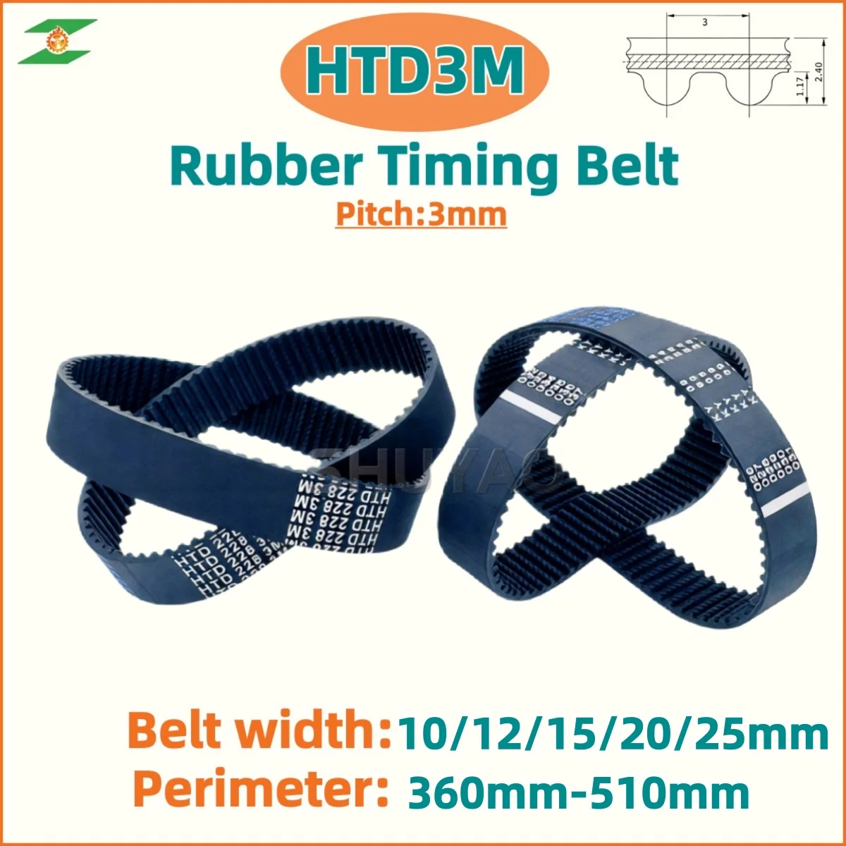 HTD 3M Closed Loop Rubber Timing Belt Length 360/363/366/369/372/375/378/381/384/387/390/393/396/399/402/405~510mm Width 10~25mm