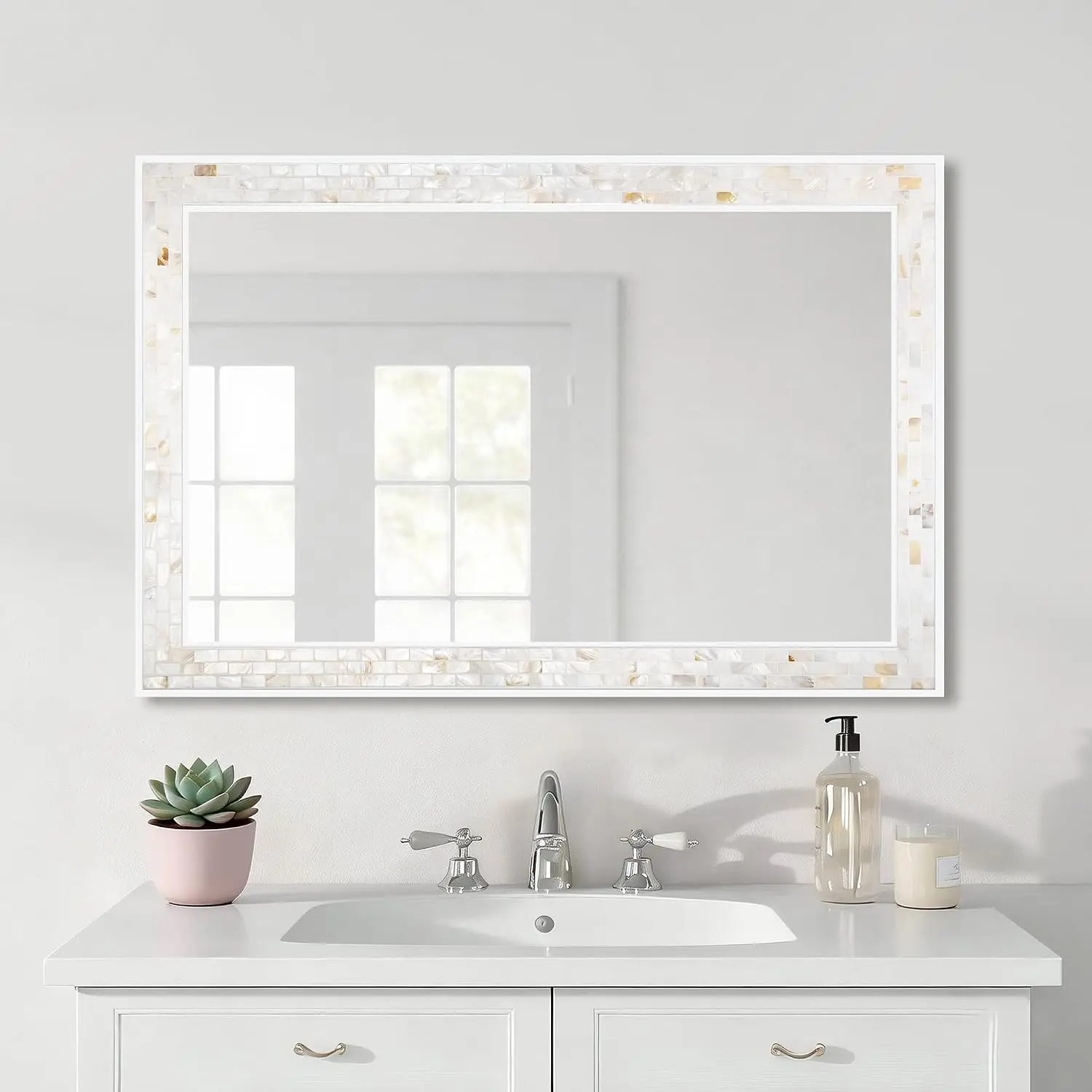 White Framed Rectangle Bathroom Mirror 24X36 Inch Mother Pearl Mosaic Frame Tempered Glass Horizontal Vertical Hanging Bedroom L