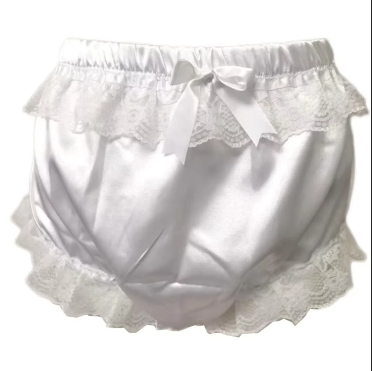 

French Sexy Adult Custom Fetishist Cross Dressing Sissy Smooth White Satin Lace Inlaid Lock Edge Daily Dressing Shorts